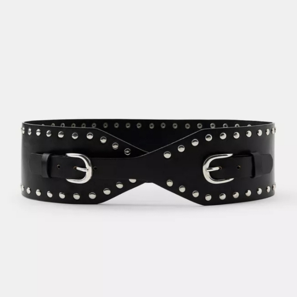 Zara Black Leather Waist Belt with Silver Studs Sz-90/34